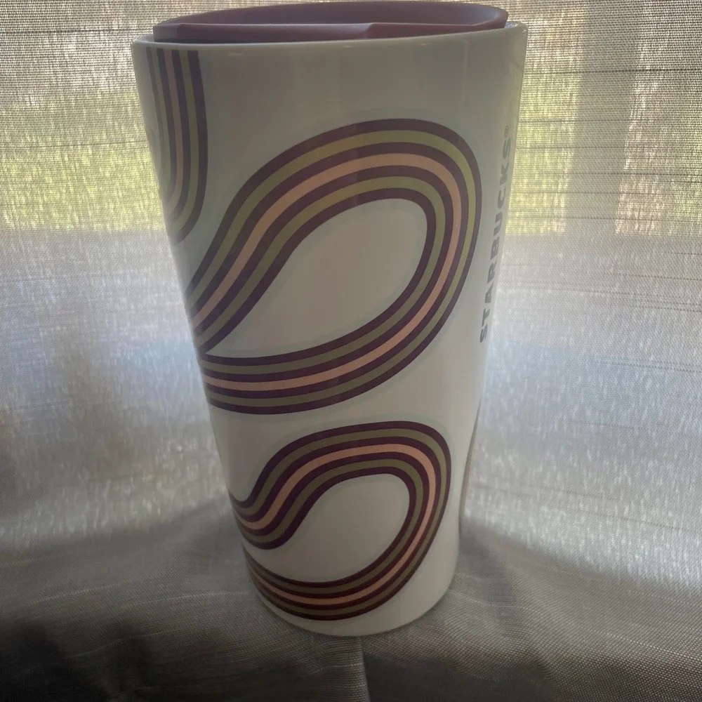 Starbucks 2024 Fall White Gold Maroon Ribbon‎ Ceramic 12 oz Tumbler New